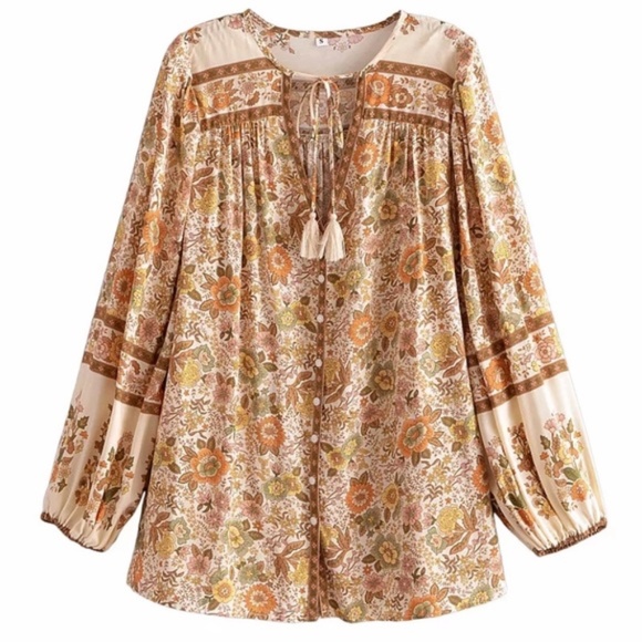 Gypsy Floral Bohemian Peasant Long Sleeve Blouse - Picture 2 of 4
